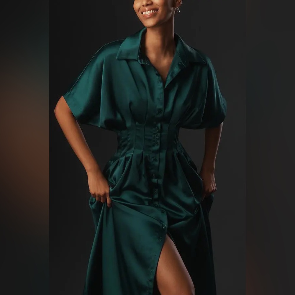 Anthropologie The Tobie Satin Shirt Dress by Exquise - Picture 3 of 8